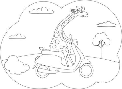 Giraffe Driving A Scooter Coloring Page